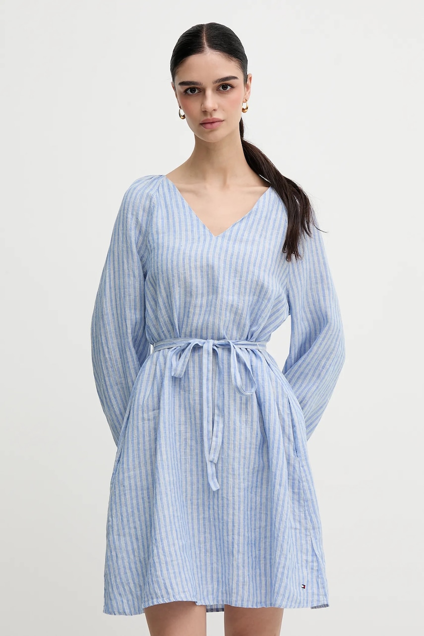 Lněné šaty Tommy Hilfiger modrá barva, mini, WW0WW44666