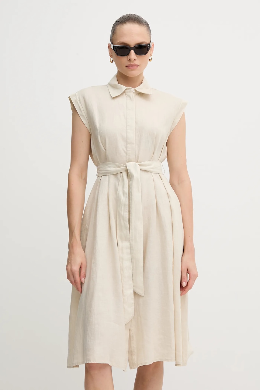 Lněné šaty United Colors of Benetton béžová barva, mini, 4AGHDV0B1