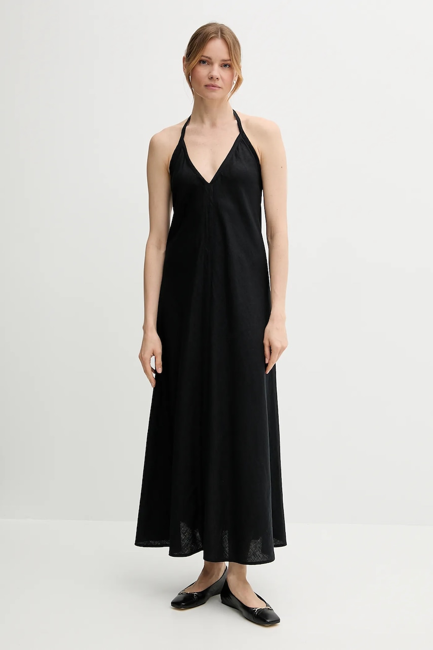 Lněné šaty United Colors of Benetton černá barva, maxi, 4AGHDV0BF