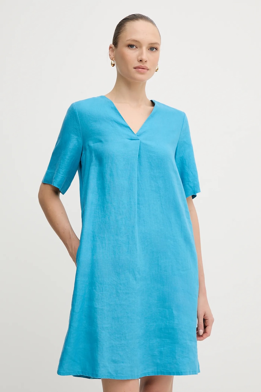 Lněné šaty United Colors of Benetton modrá barva, mini, oversize, 4AGHDV0B0