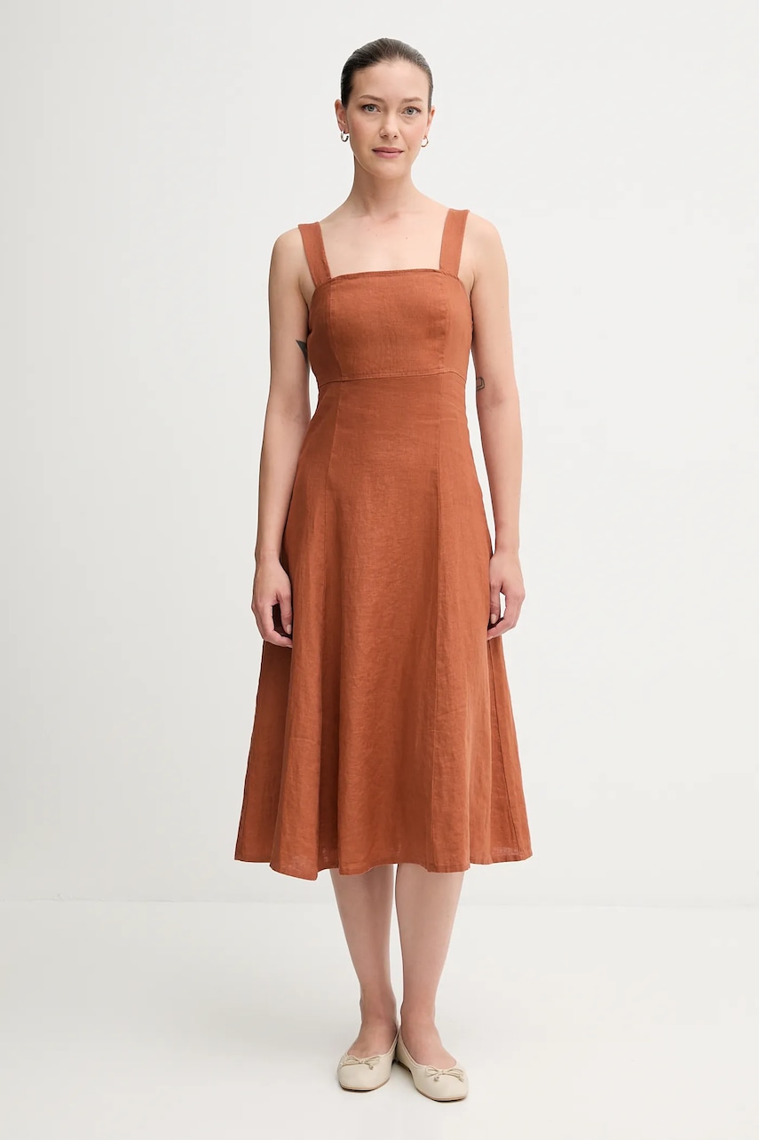 Lněné šaty United Colors of Benetton oranžová barva, midi, 4AGHDV0AG