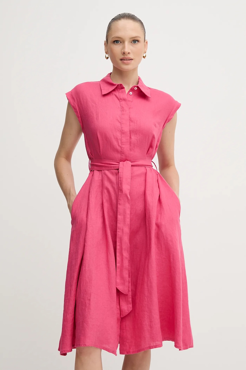 Lněné šaty United Colors of Benetton růžová barva, mini, 4AGHDV0B1