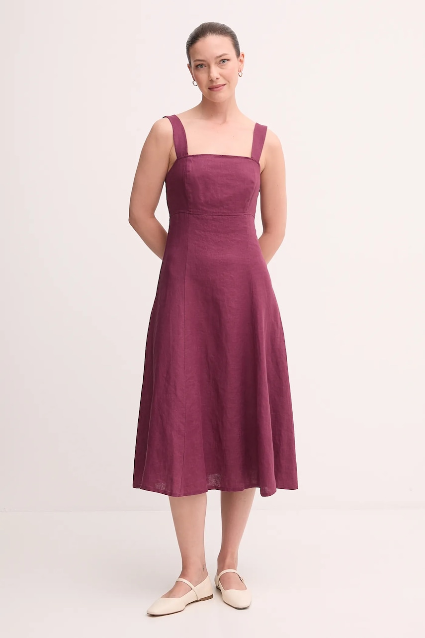 Lněné šaty United Colors of Benetton vínová barva, midi, 4AGHDV0AG