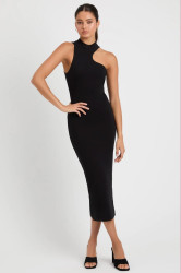 Madmext Black Halter Neck Long Basic Dress with Low-cut Shoulders