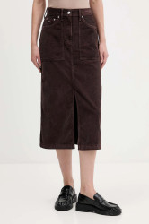 Manšestrová sukně Tommy Jeans hnědá barva, midi, áčková, DW0DW21708
