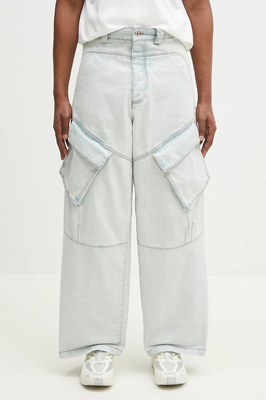 Marcelo Burlon  Bavlněné džíny  Bleach Denim Wide Cargo Light Blue No Co