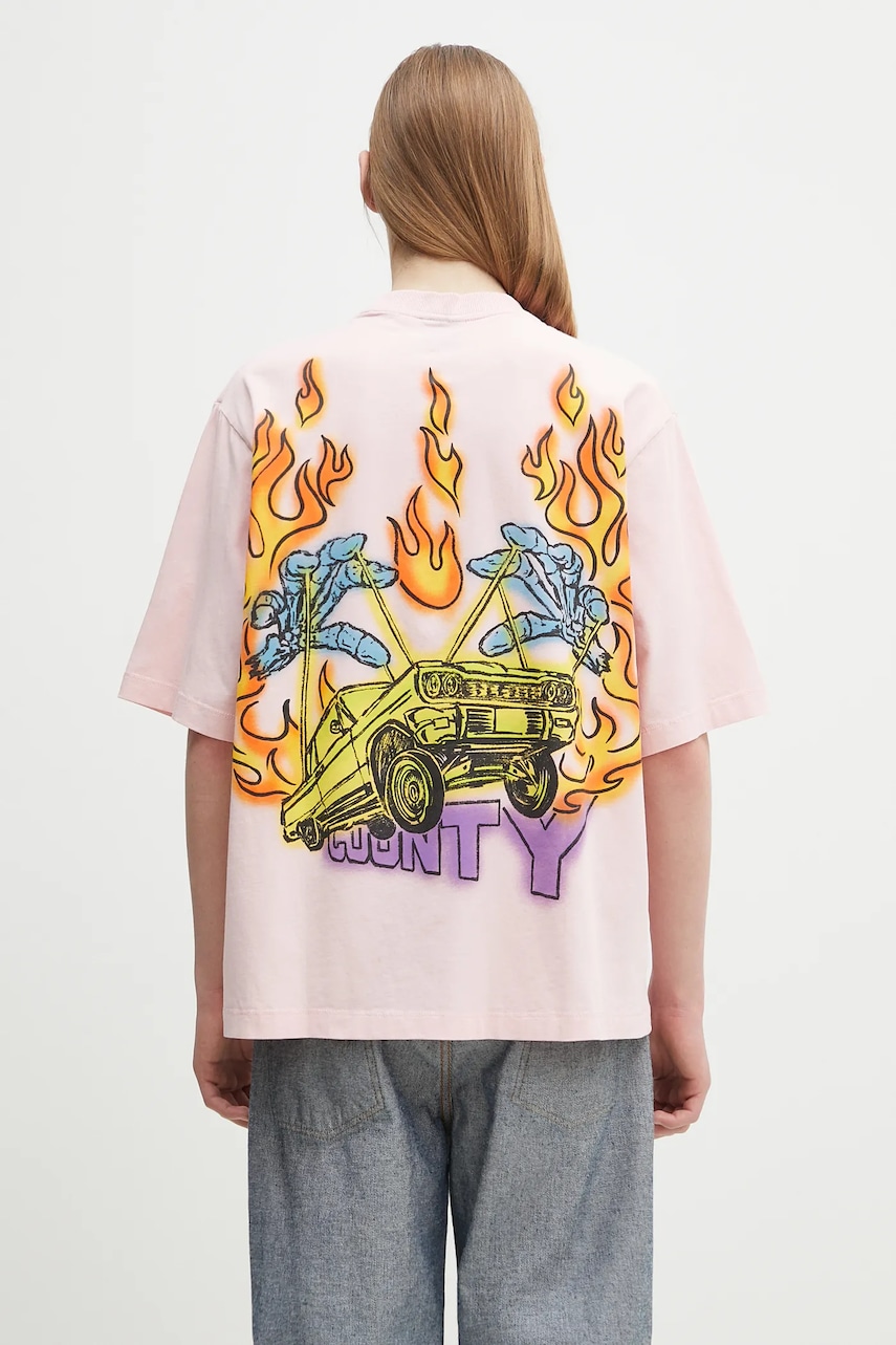 Marcelo Burlon  Bavlněné tričko  County Flame Boxy T-Shirt Pink Red