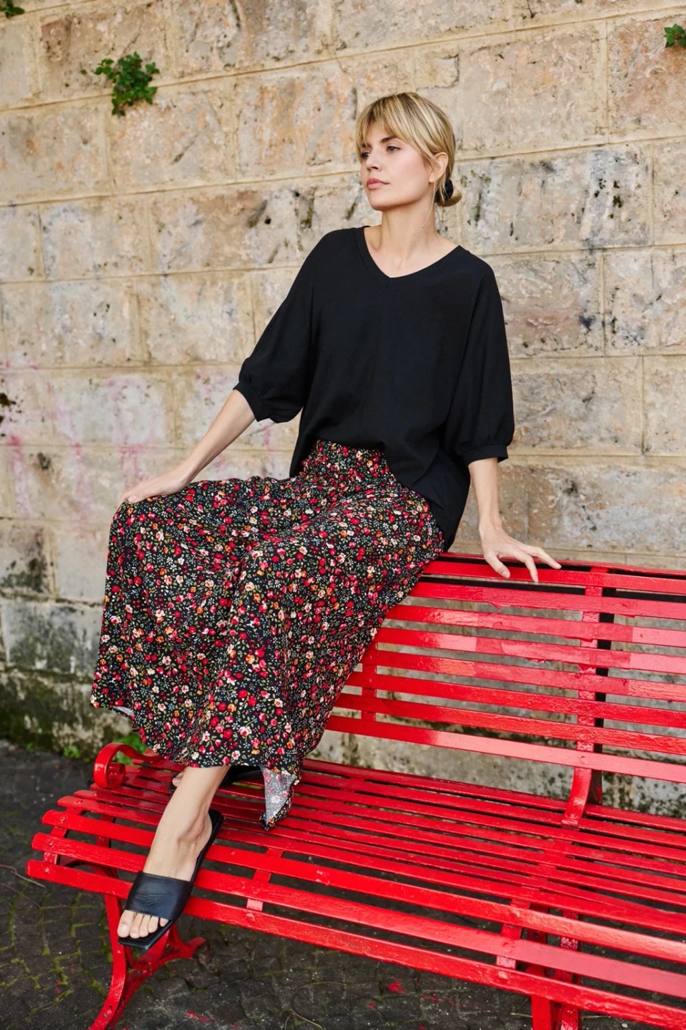 Marisse Black Floral Midi Skirt