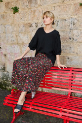Marisse Black Floral Midi Skirt