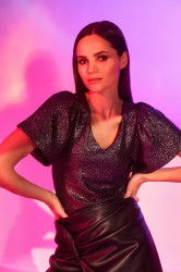 Marisse Black V-Neck Blouse With Puffed Short Sleeves