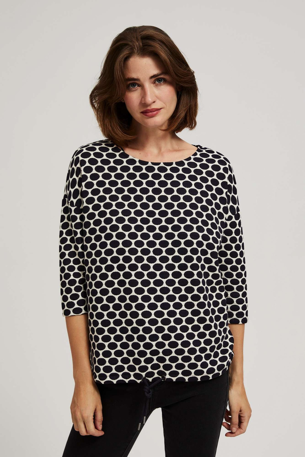 Marisse Blouse With A Geometric Pattern, White And Navy Blue