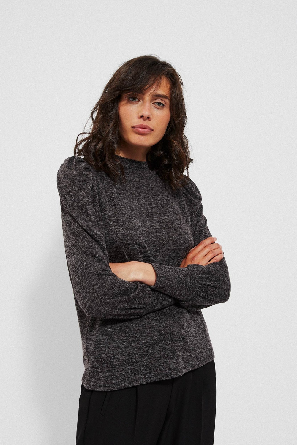 Marisse Melange Sweatshirt With Puff Sleeves Z-Bl-3616 Graphite Mel