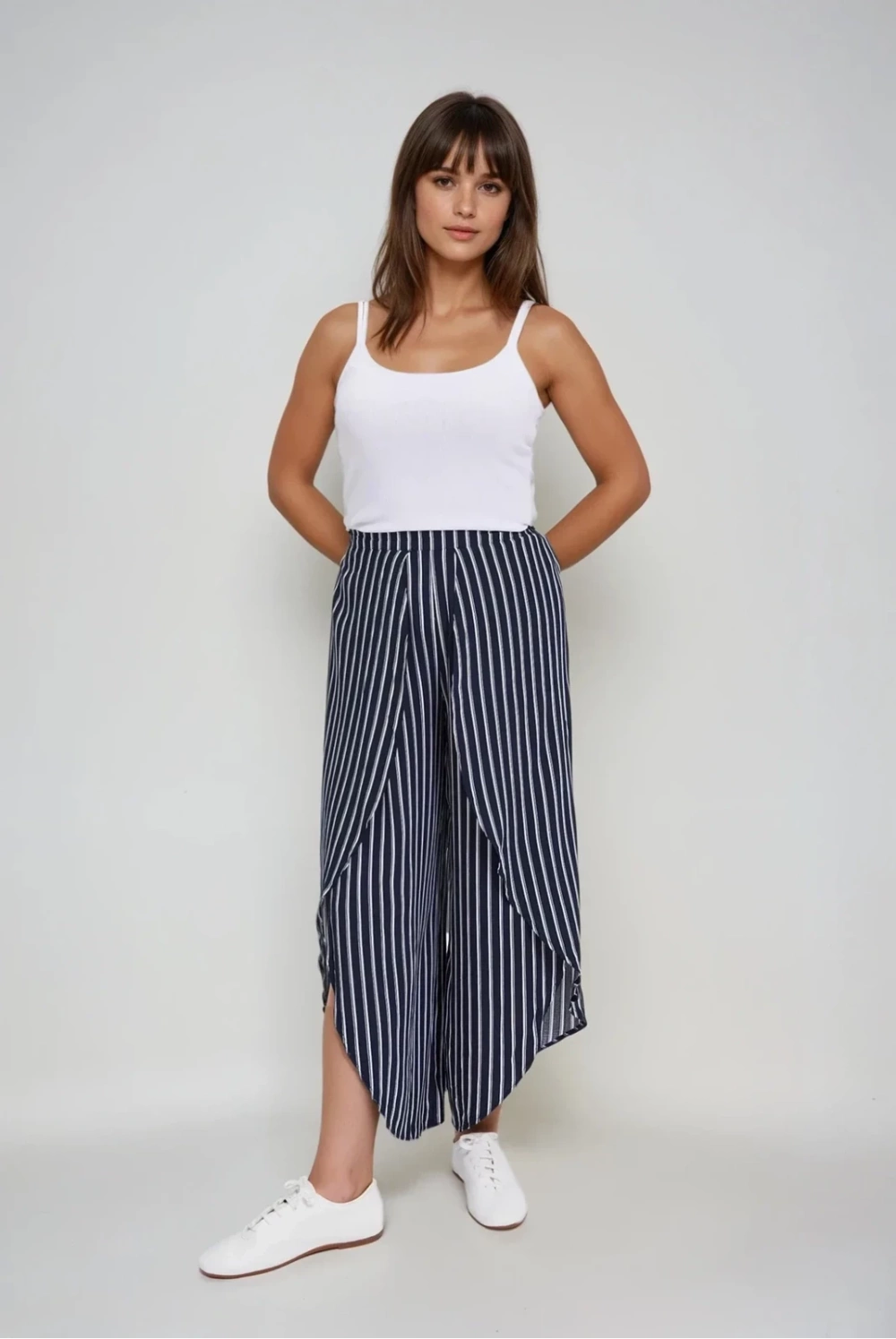Marisse Navy Blue Striped Culottes