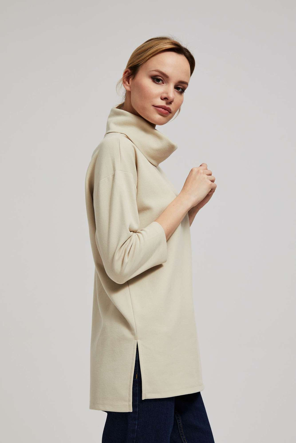 Marisse Sand Wide Turtleneck Sweatshirt