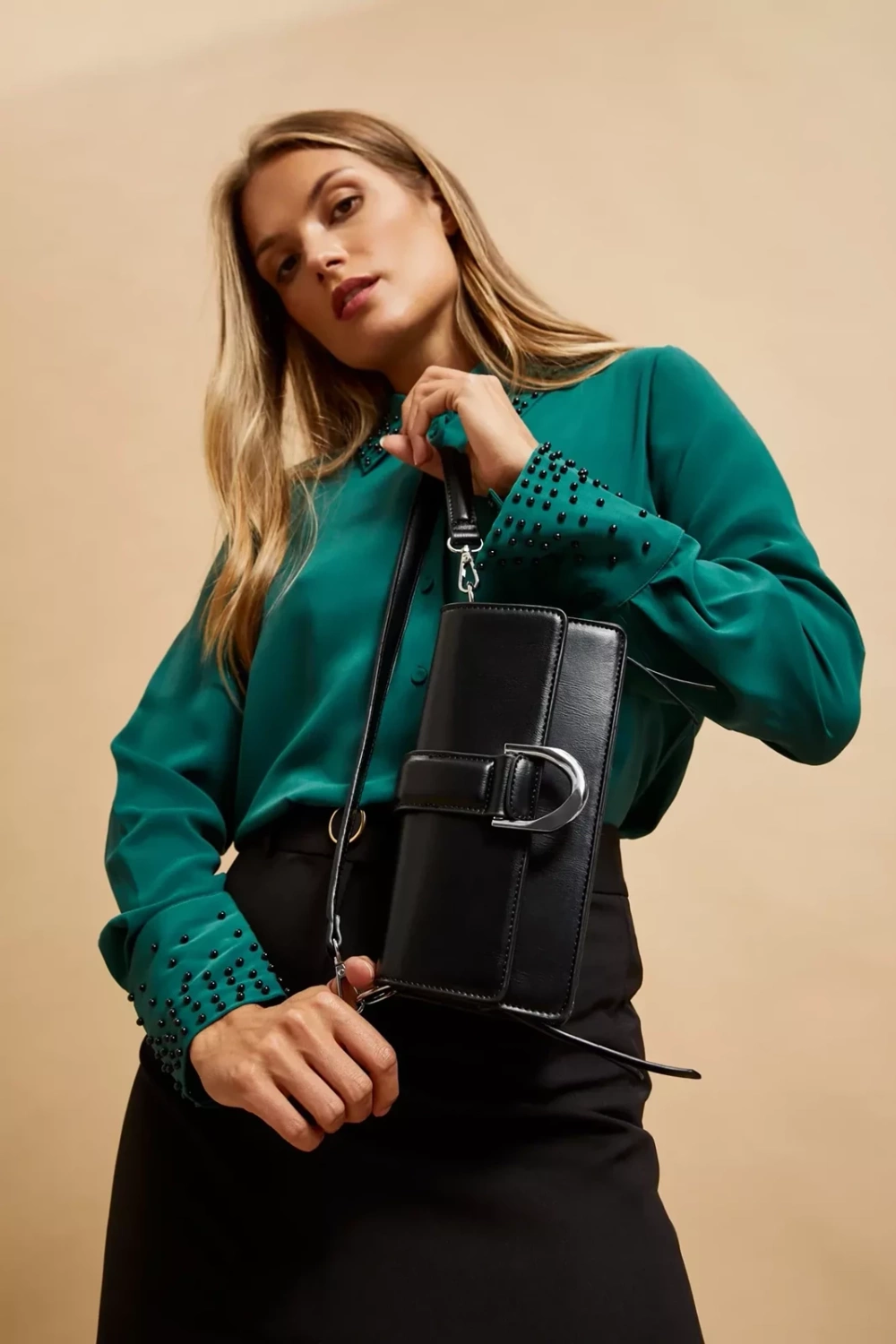 Marisse Shoulder Bag With Silver Buckle, Black