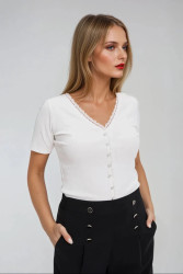 Marisse White Blouse With Lace Neckline