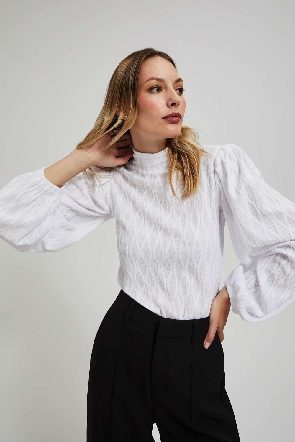 Marisse White Turtleneck Blouse With Puffed Sleeves