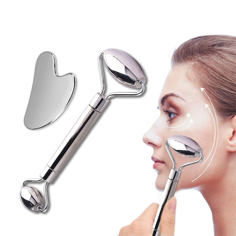 Masážní kovový set Face roller a Gua Sha inSPORTline Comesta Set