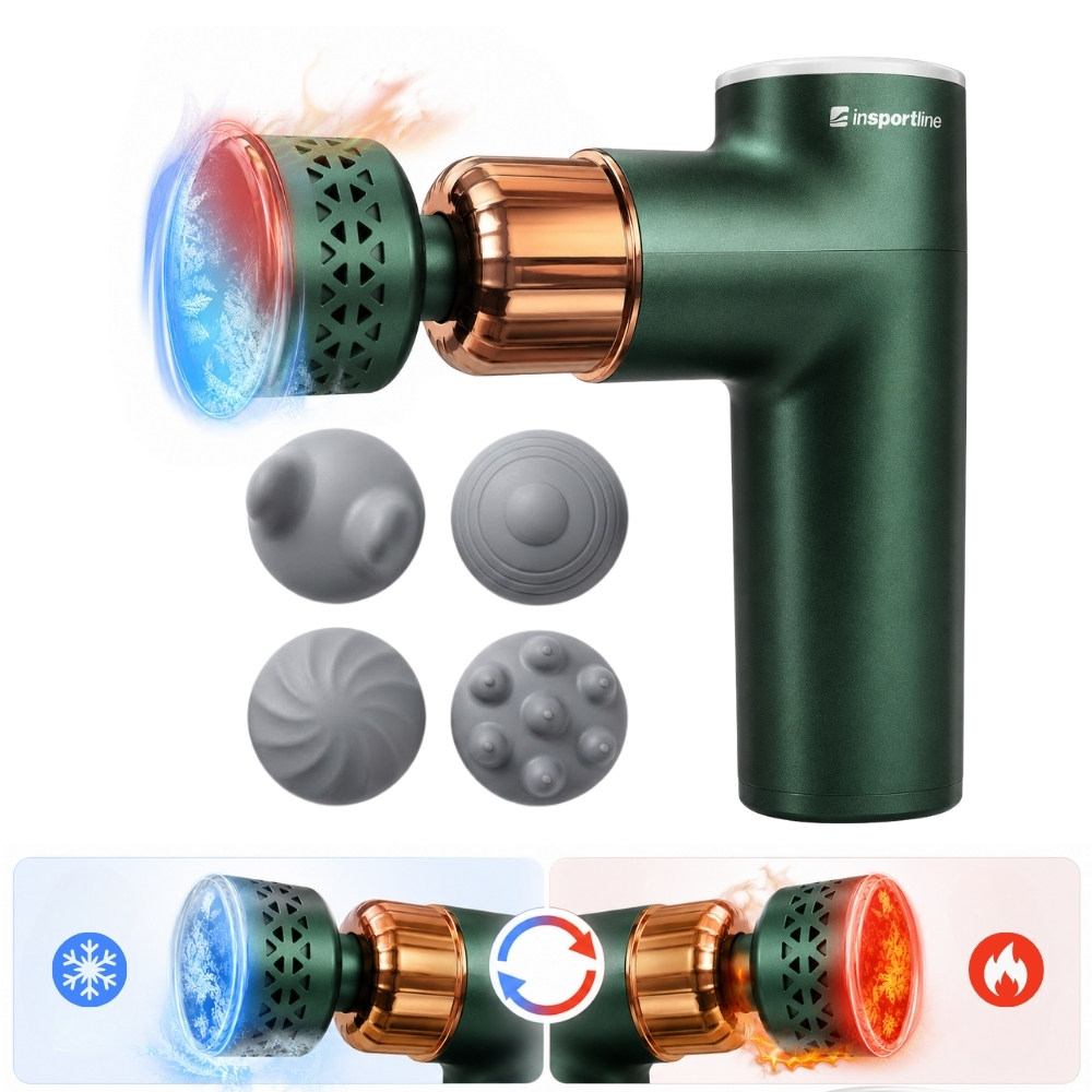 Masážní pistole s hřejivým/chladivým nástavcem inSPORTline ChillFrost • 1800 mAh • 1600-2800 rpm • až 6 mm zelená