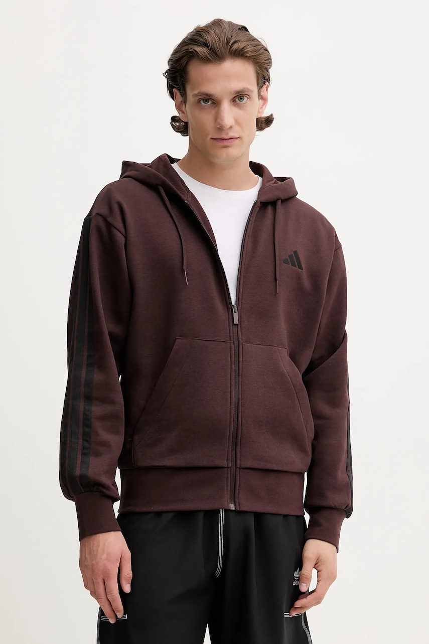 Mikina adidas 3S pánská, hnědá barva, s kapucí, hladká, JX0697