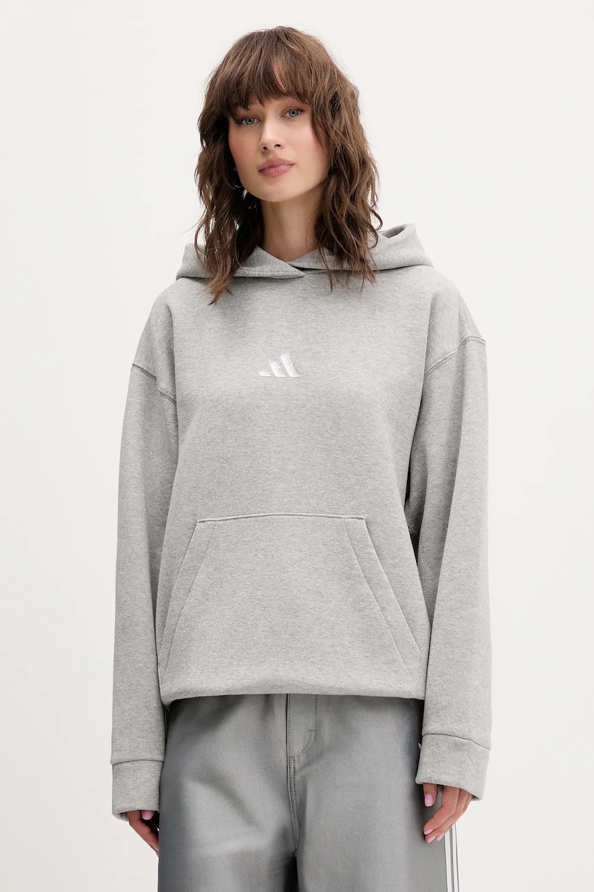 Mikina adidas All Szn Holiday dámská, šedá barva, s kapucí, s potiskem, JV5757