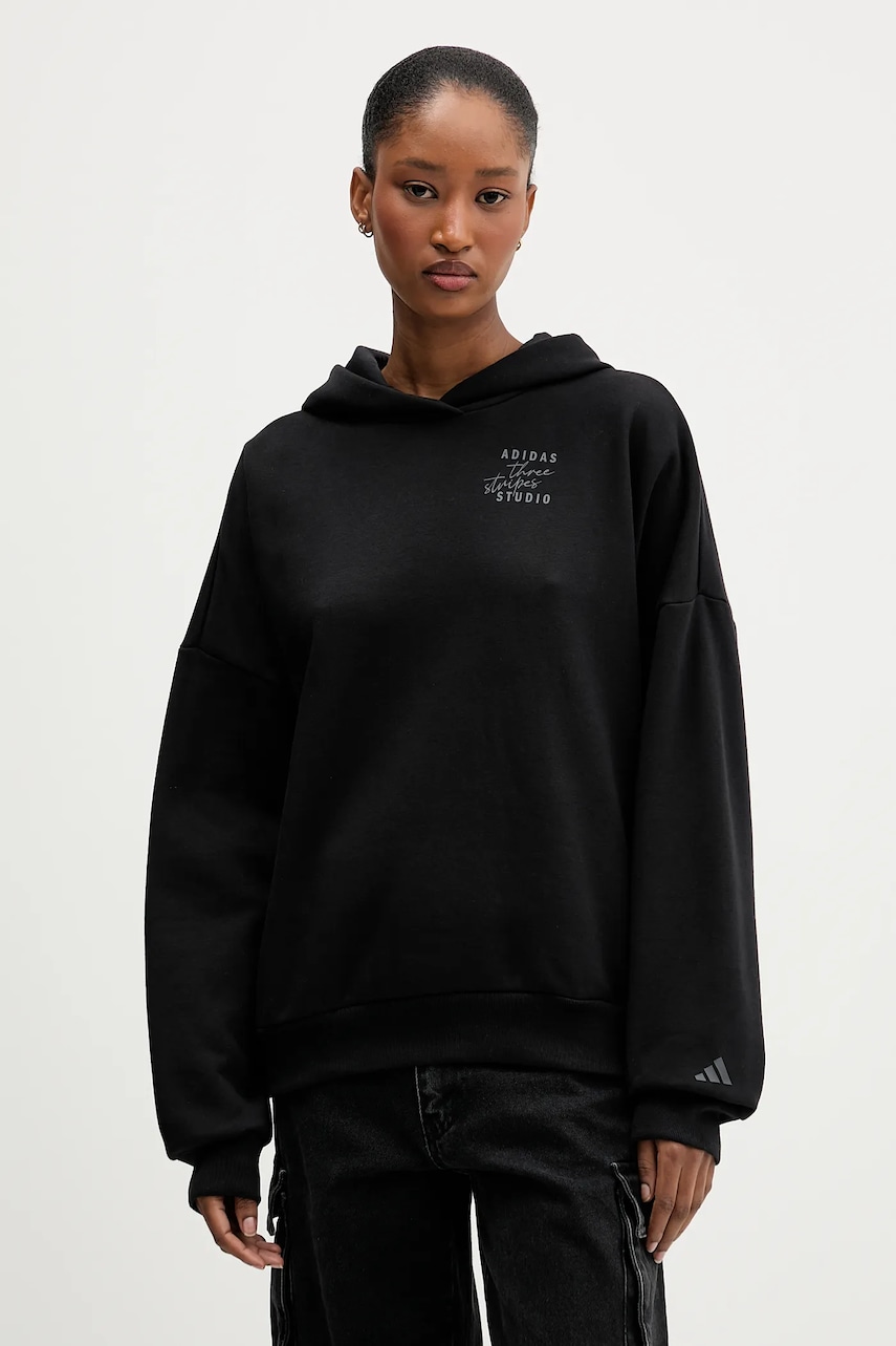 Mikina adidas dámská, černá barva, s kapucí, s potiskem, KT0878