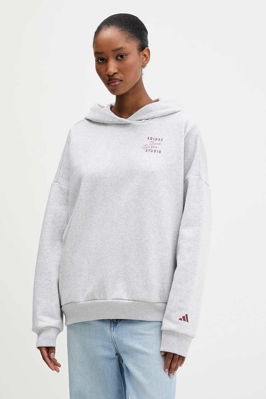 Mikina adidas dámská, šedá barva, s kapucí, s potiskem, KT0882