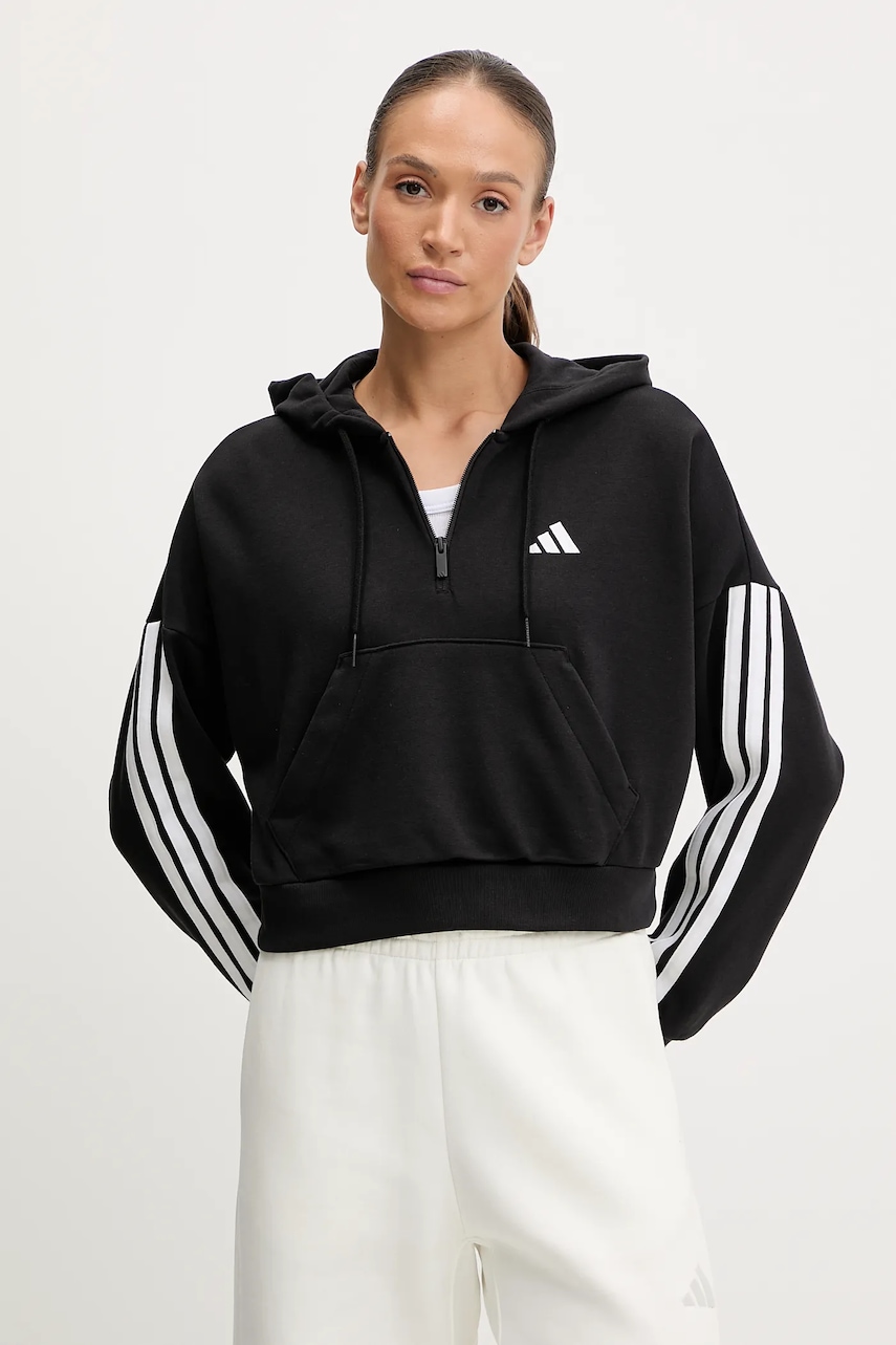 Mikina adidas Essentials 3-Stripes dámská, černá barva, s kapucí, s aplikací, JN1956