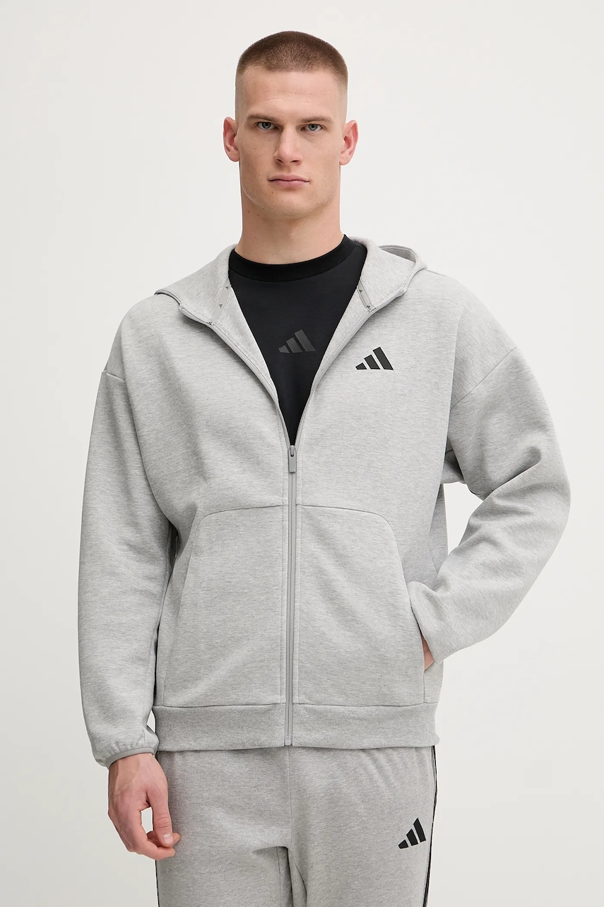 Mikina adidas Future Icons pánská, šedá barva, s kapucí, melanžová, JD4945