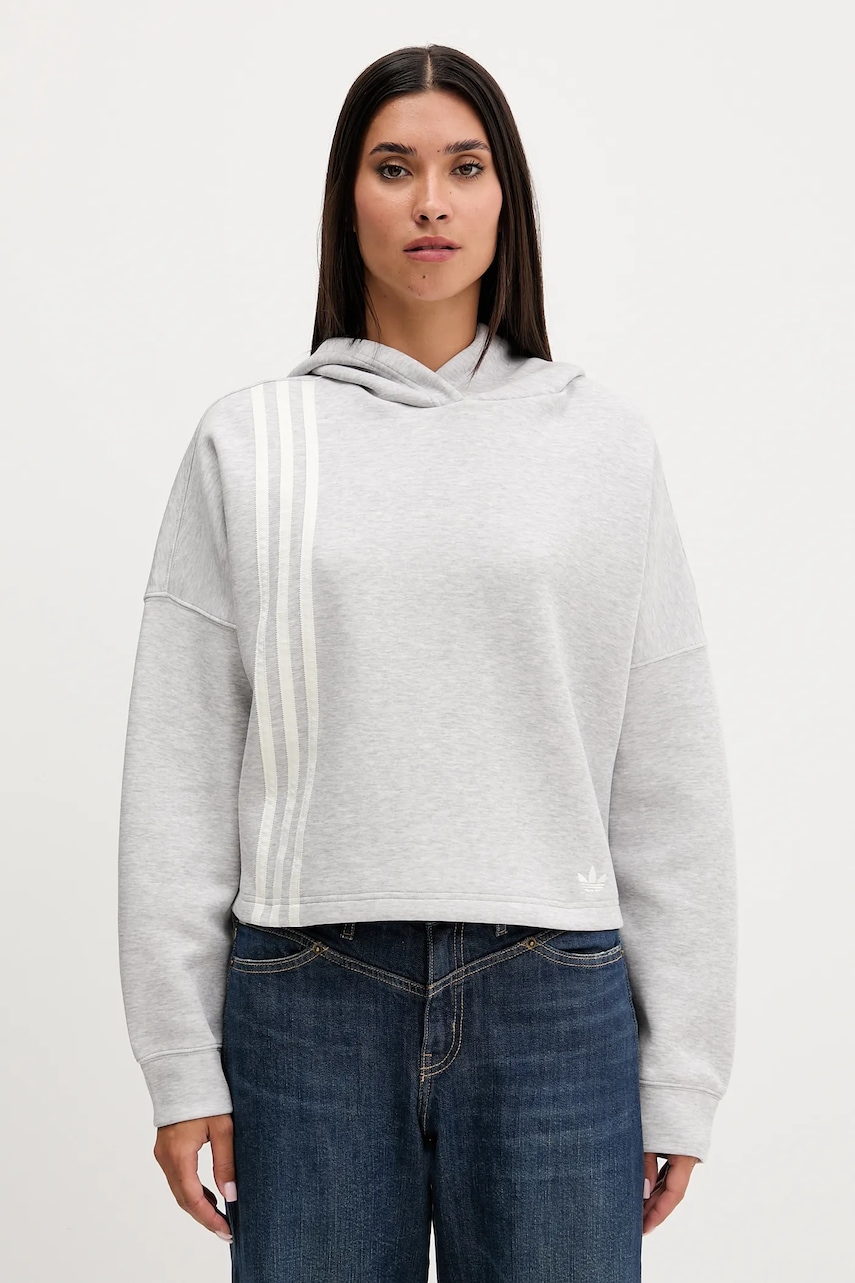 Mikina adidas Originals 3-Stripes dámská, šedá barva, s kapucí, melanžová, JW3596