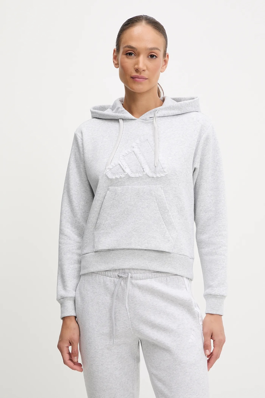 Mikina adidas W CO RUFF HD dámská, šedá barva, s kapucí, melanžová, JX1326