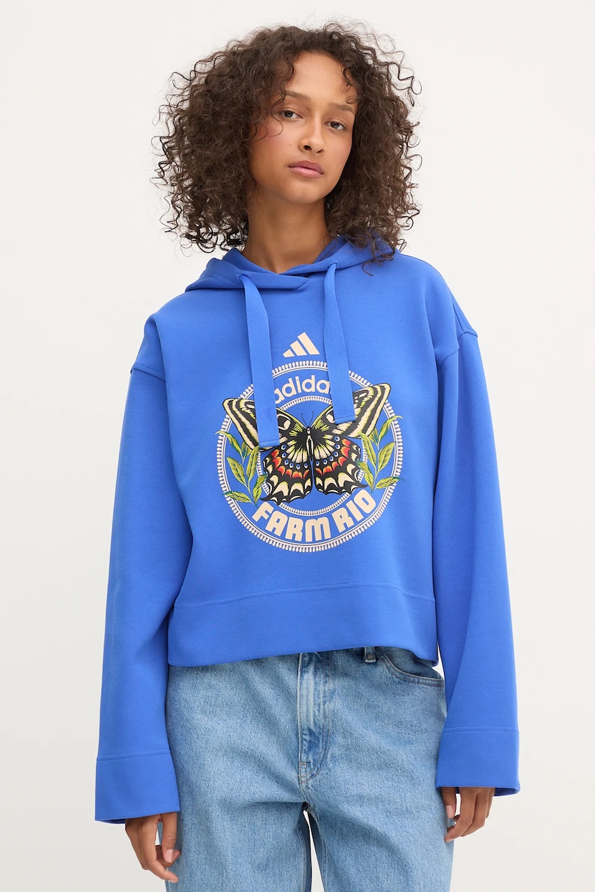 Mikina adidas x Farm Rio dámská, modrá barva, s kapucí, s potiskem, JL8608