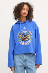 Mikina adidas x Farm Rio dámská, modrá barva, s kapucí, s potiskem, JL8608