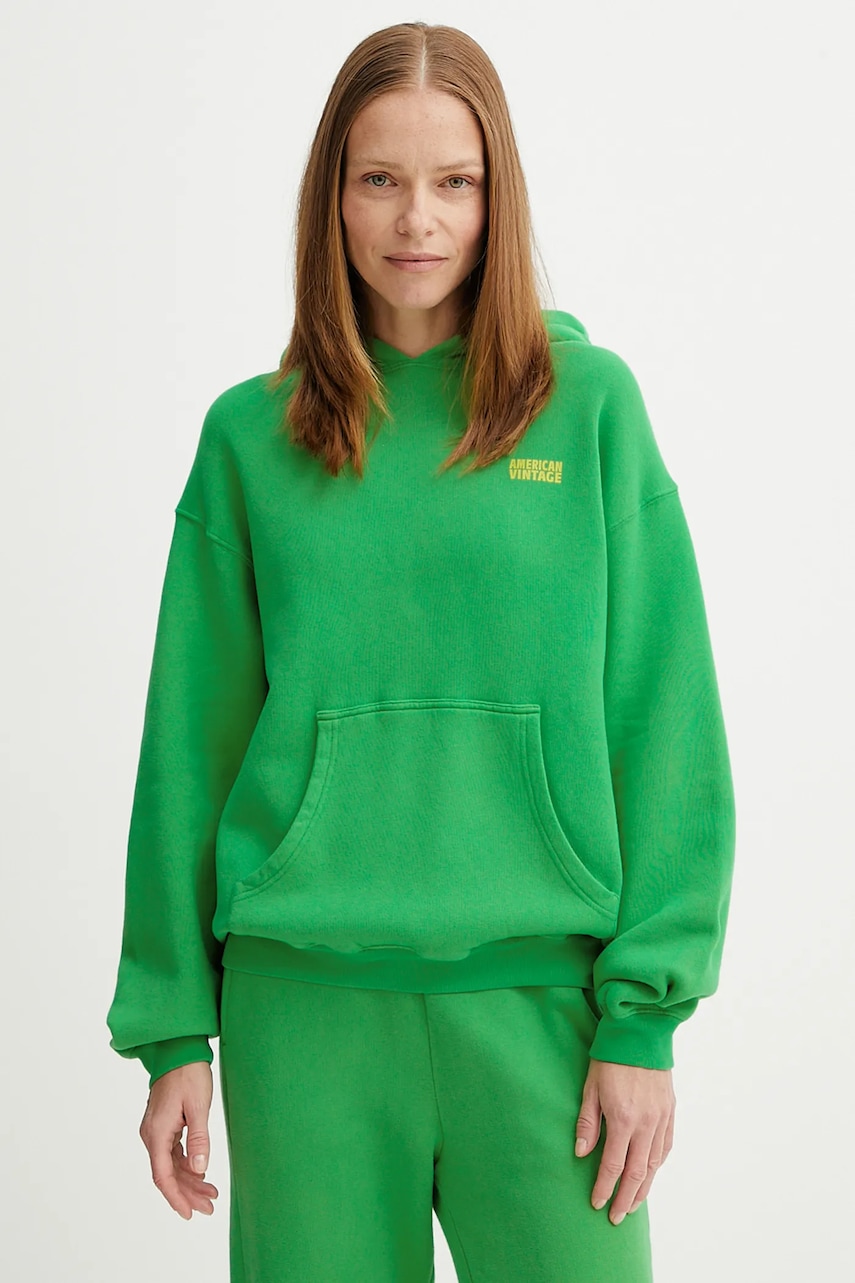 Mikina American Vintage dámská, zelená barva, s kapucí, hladká, IZU03D