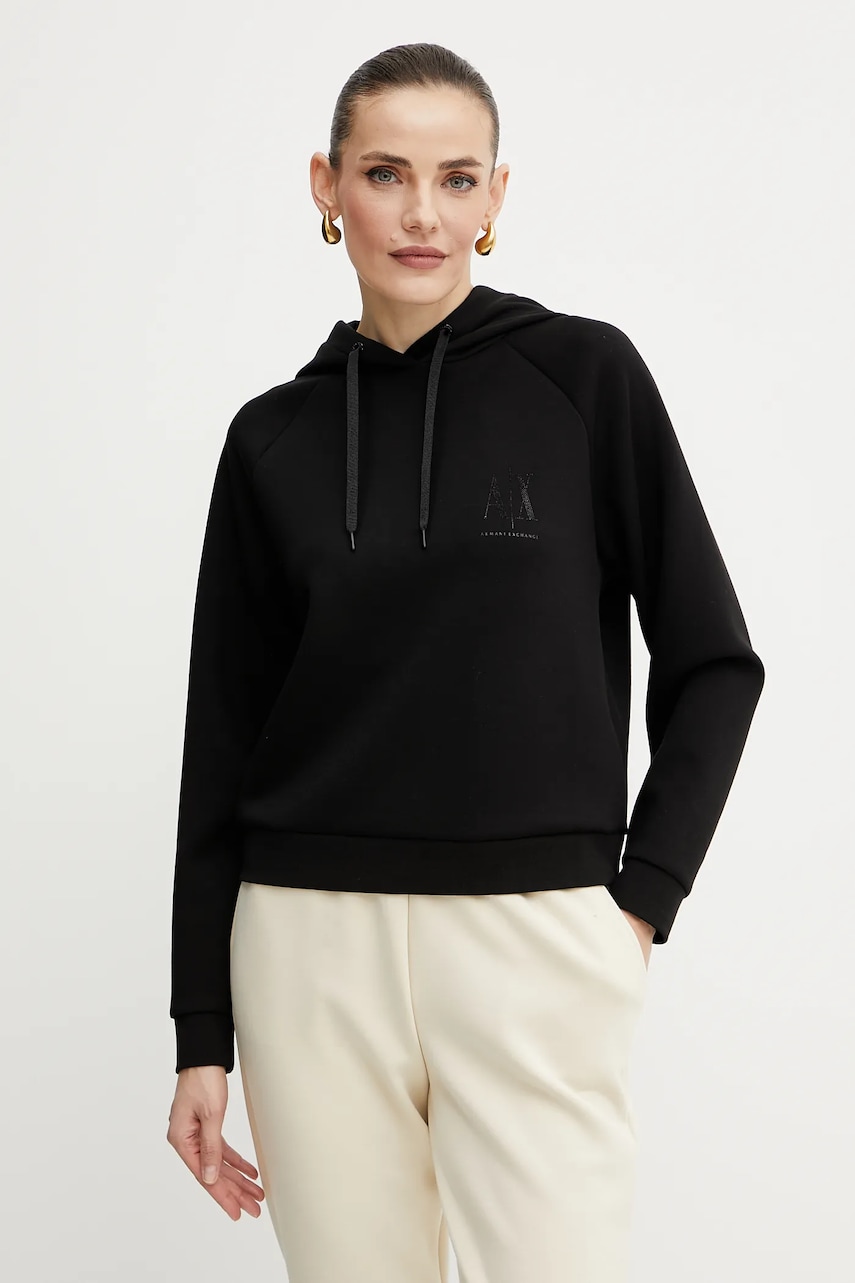Mikina Armani Exchange dámská, černá barva, s kapucí, hladká, XW000827 AF13397