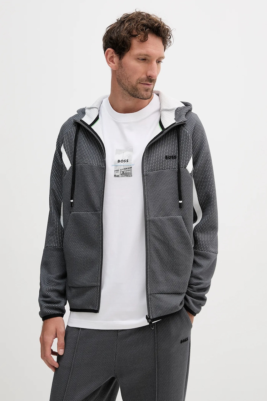 Mikina BOSS Green FZ Hoodie TL pánská, šedá barva, s kapucí, vzorovaná, 50543130