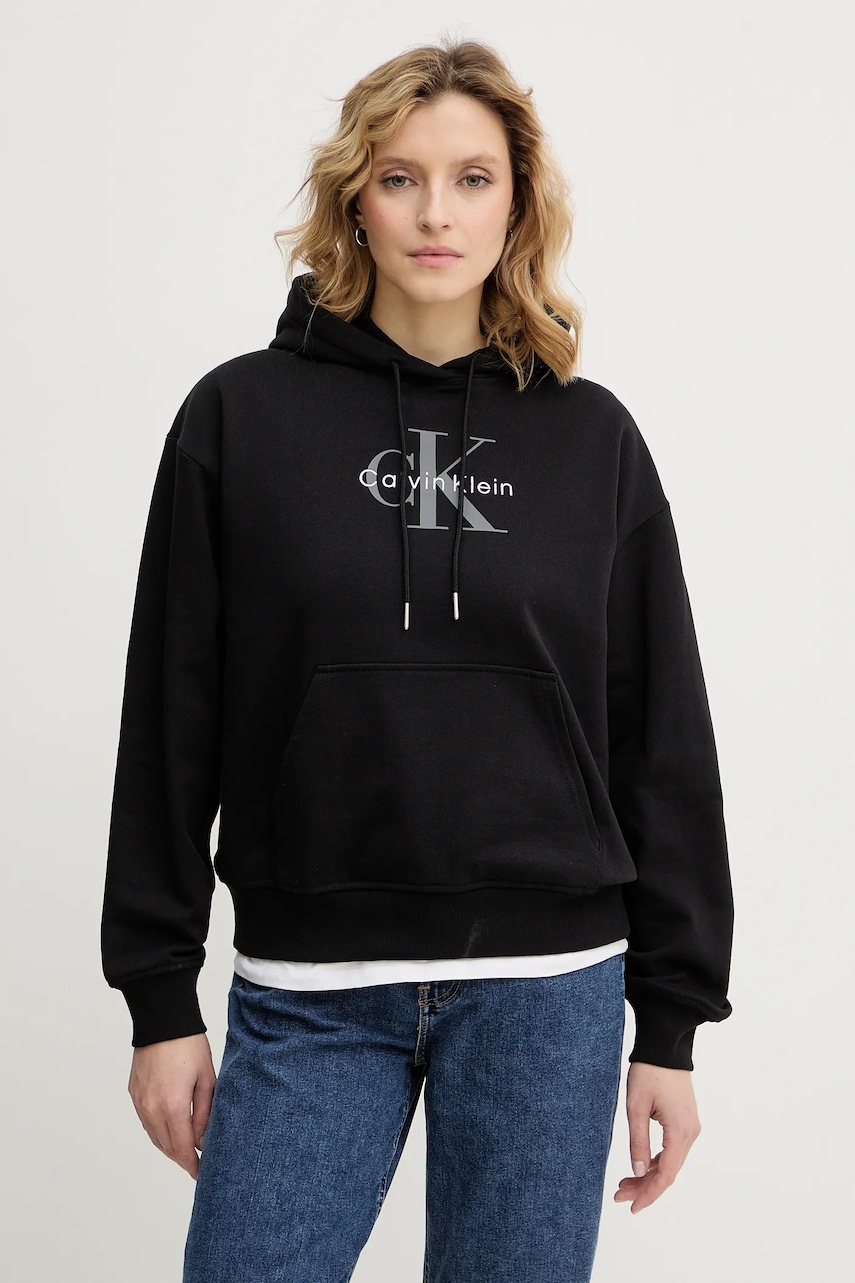 Mikina Calvin Klein Jeans dámská, černá barva, s kapucí, hladká, LV047E221G