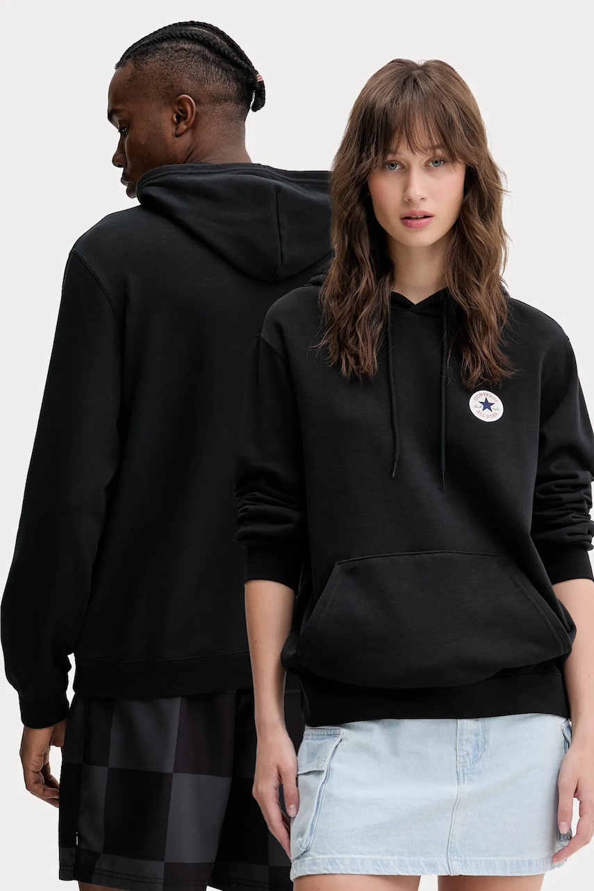 Mikina Converse černá barva, s kapucí, hladká, 10026983-A01