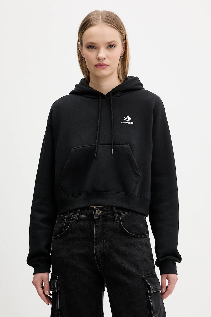 Mikina Converse dámská, černá barva, s kapucí, hladká, CVW5K527