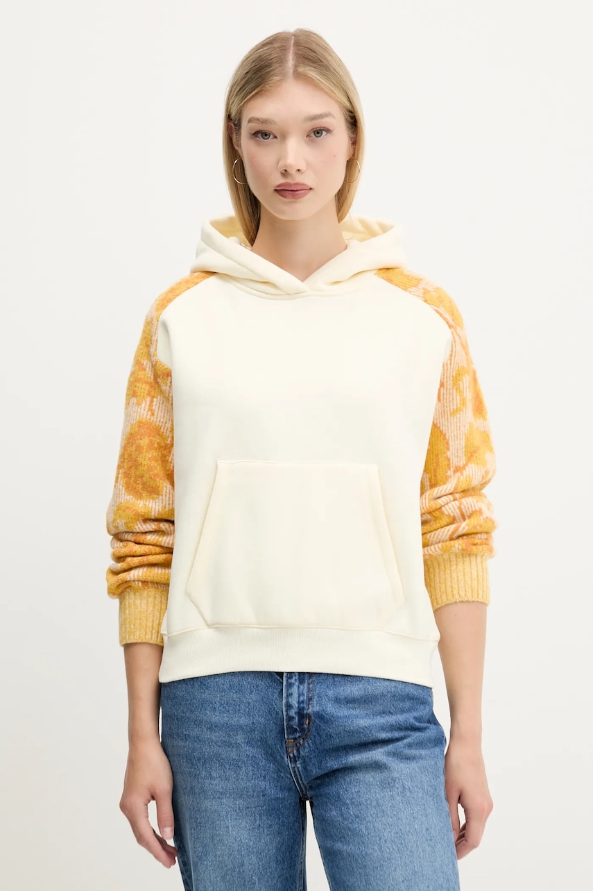 Mikina Desigual MANI dámská, béžová barva, s kapucí, vzorovaná, 25WWSK07