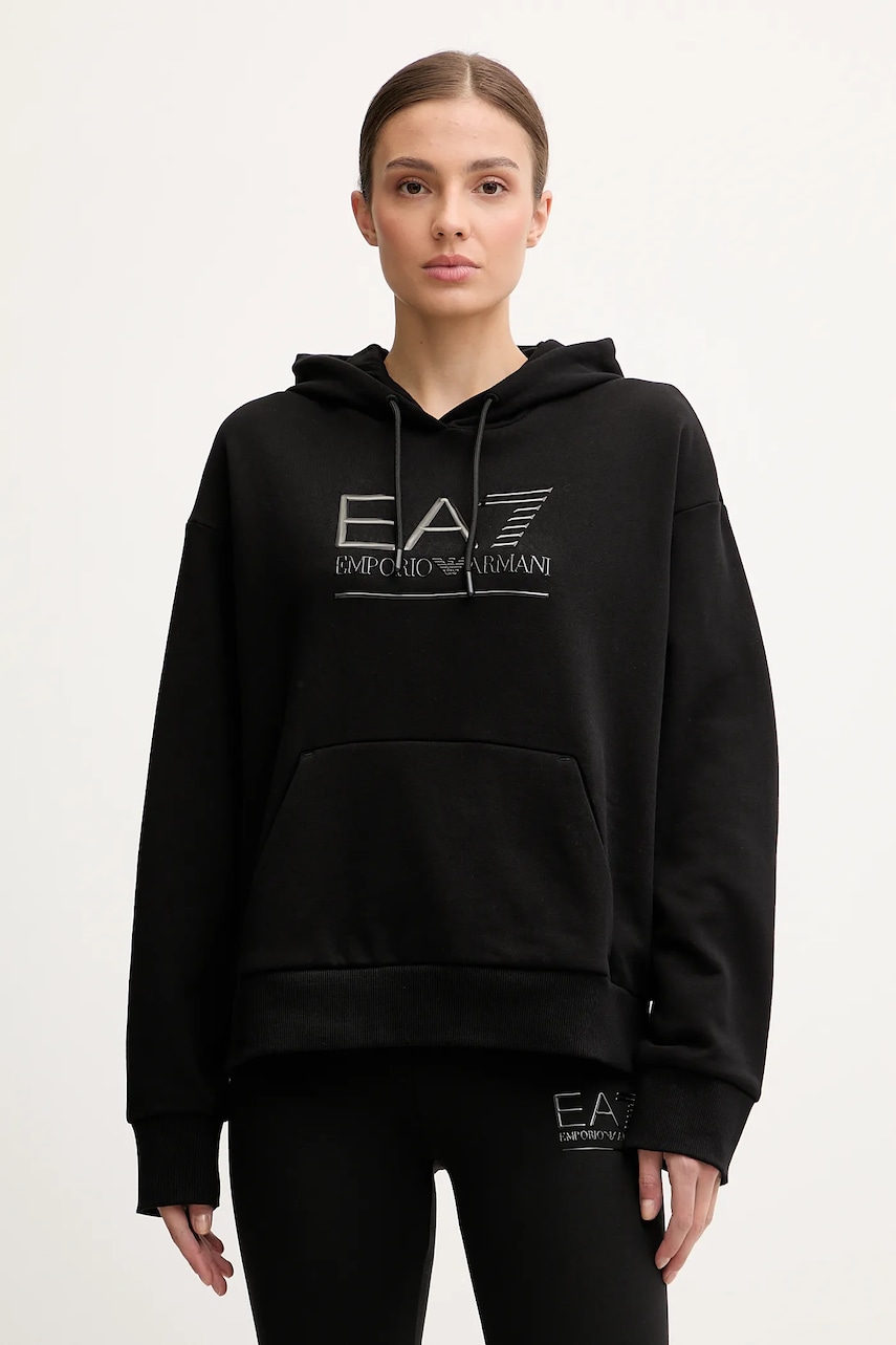 Mikina EA7 Emporio Armani dámská, černá barva, s kapucí, s aplikací, AF10377-7W000422