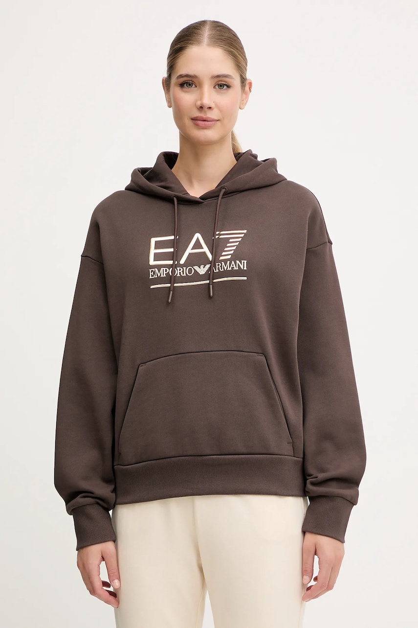 Mikina EA7 Emporio Armani dámská, hnědá barva, s kapucí, s aplikací, AF10377-7W000422