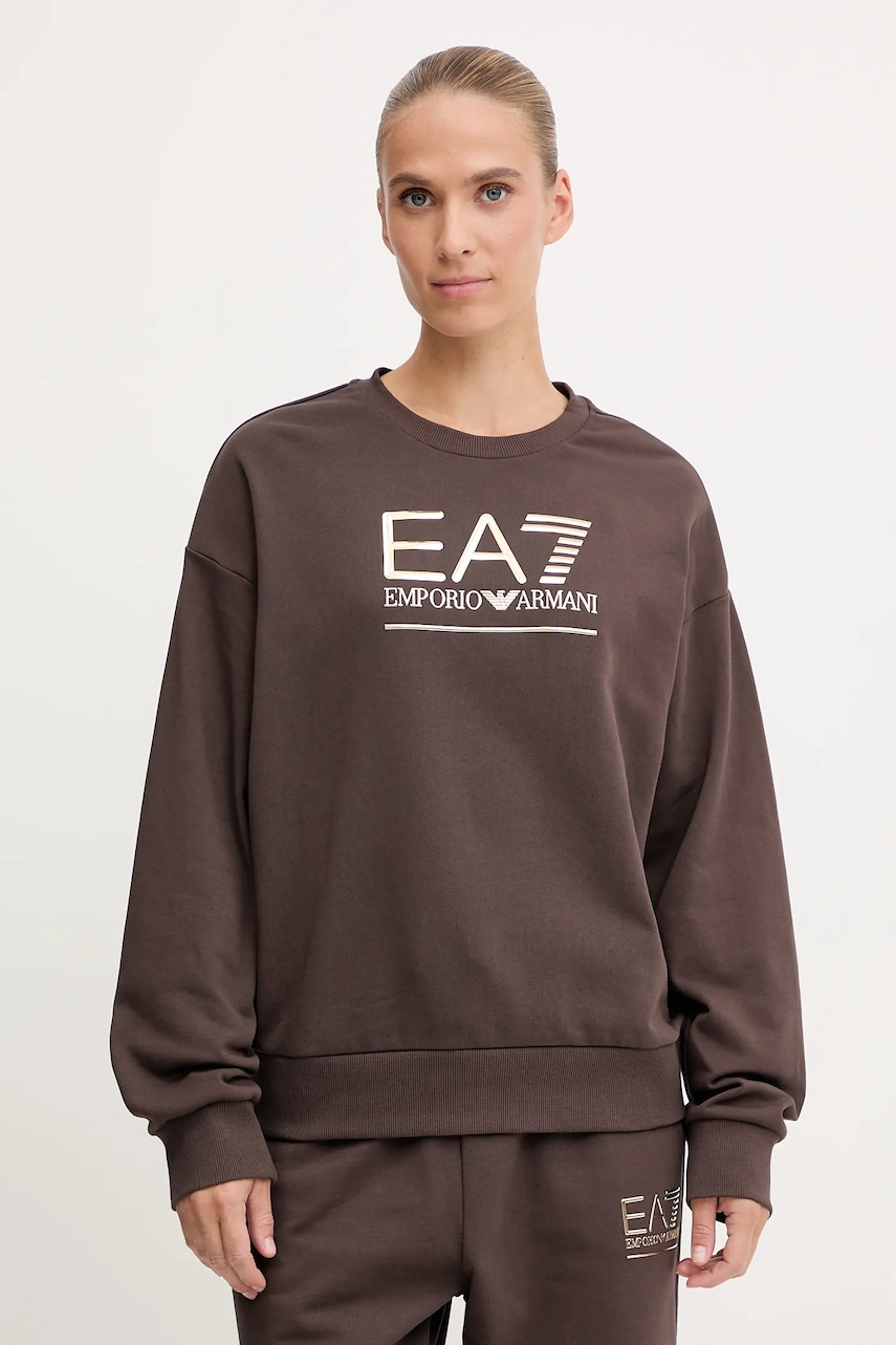 Mikina EA7 Emporio Armani dámská, hnědá barva, s potiskem, AF12473.7W000416