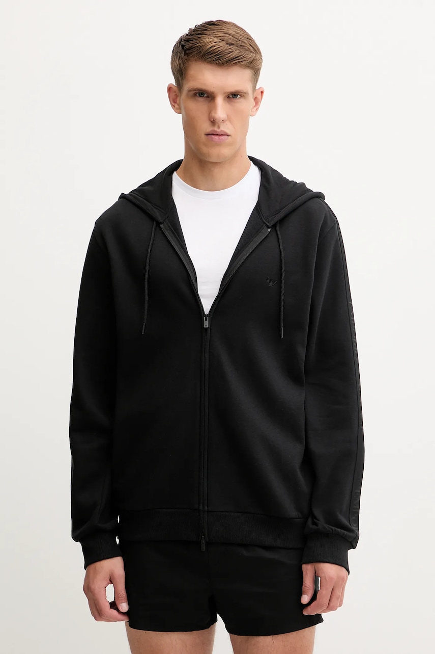 Mikina Emporio Armani Underwear pánská, černá barva, s kapucí, hladká, EM000653 AF14976