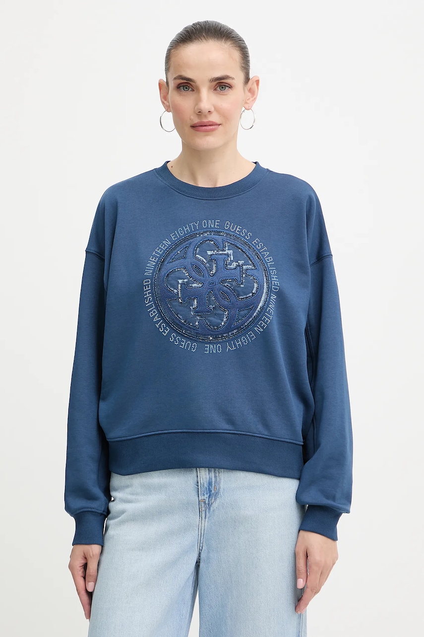 Mikina Guess 4G dámská, modrá barva, s aplikací, W5YQ07 KB681