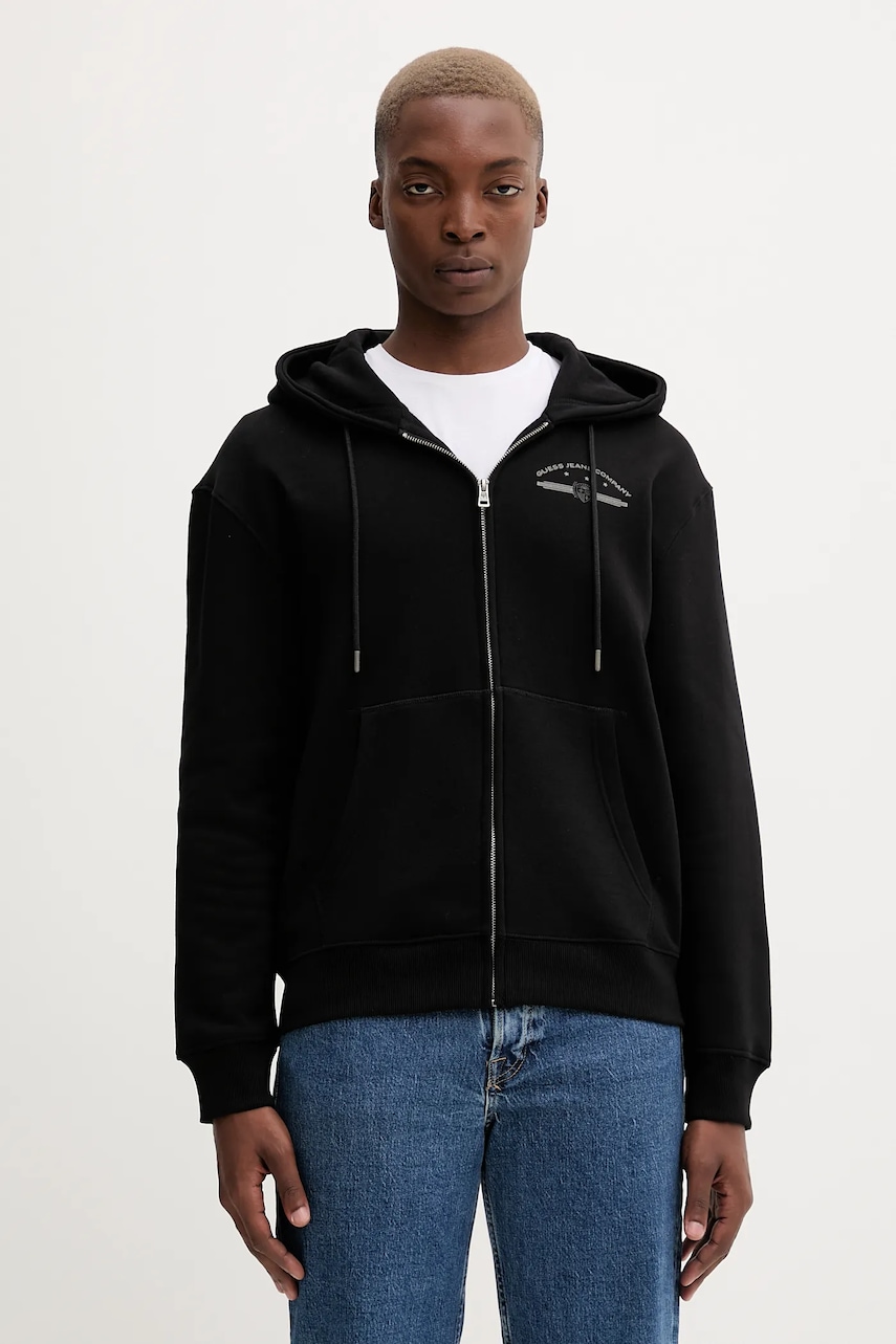 Mikina Guess Jeans pánská, černá barva, s kapucí, s potiskem, M5BQ28 K9V31