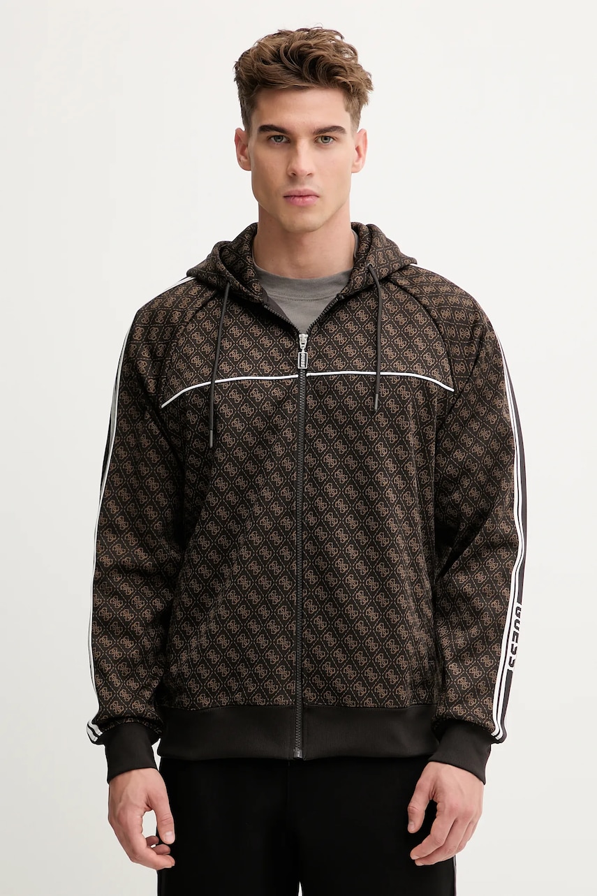 Mikina Guess PARIMO pánská, hnědá barva, s kapucí, vzorovaná, Z5BQ13 K2042