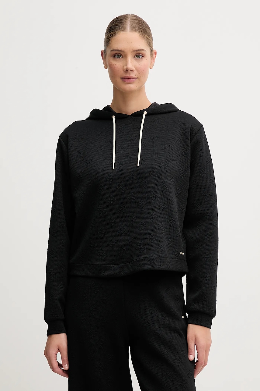 Mikina Guess PEONY dámská, černá barva, s kapucí, hladká, V5YQ04 KBSL2