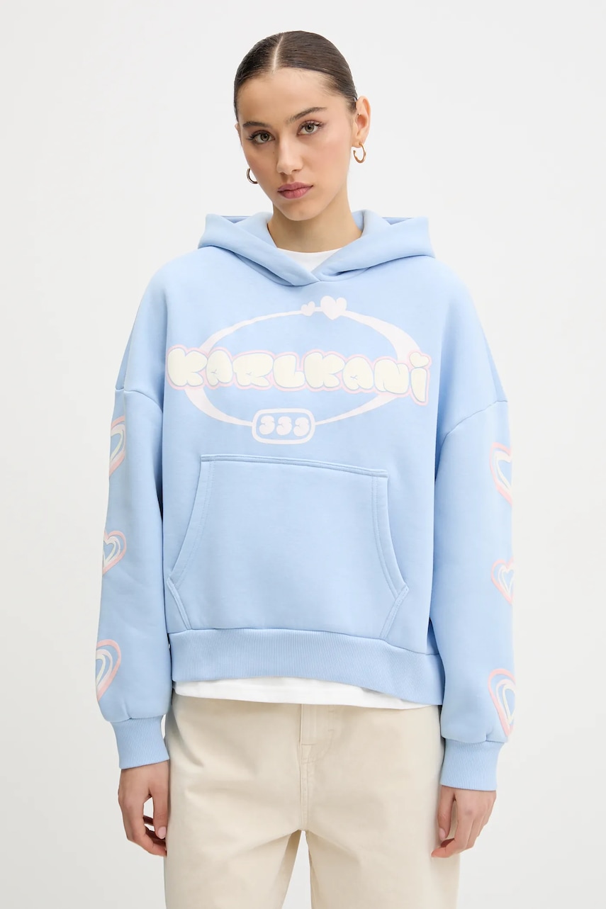 Mikina Karl Kani dámská, modrá barva, s kapucí, s potiskem, 61210082