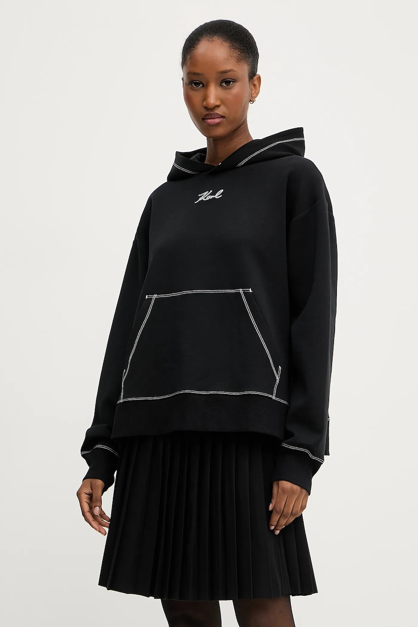 Mikina Karl Lagerfeld dámská, černá barva, s kapucí, vzorovaná, A3W20011